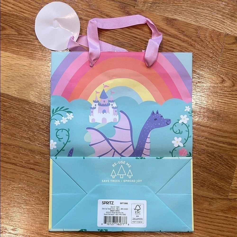 12 pk Colorful Magical Dragon Birthday gift Bags with Pink ribbon Handles new